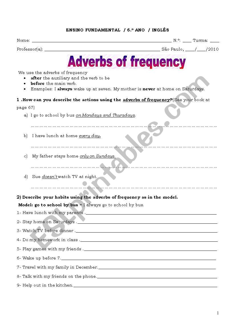 Adverbs of frequency worksheet