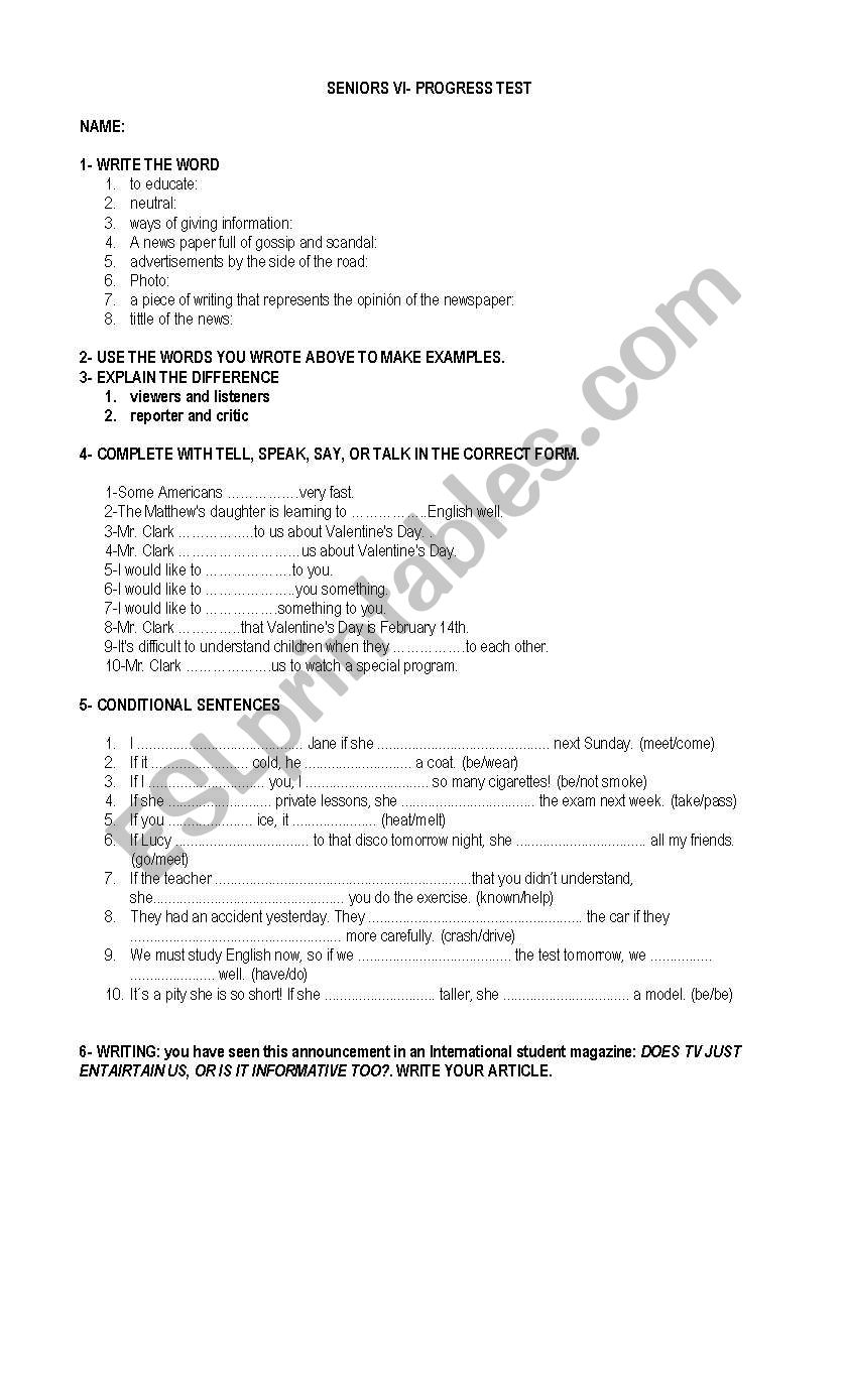 Progress Test worksheet