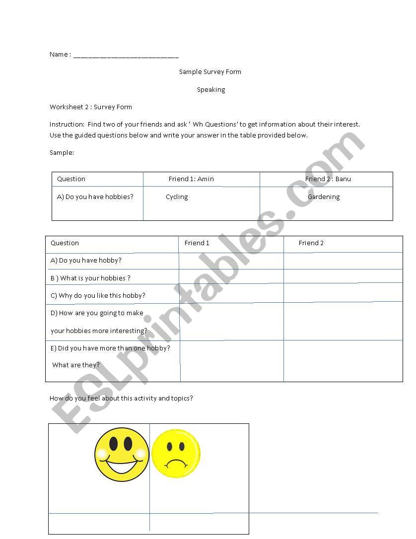 Hobbies Survey form worksheet