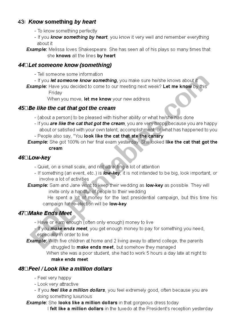list of idioms worksheet