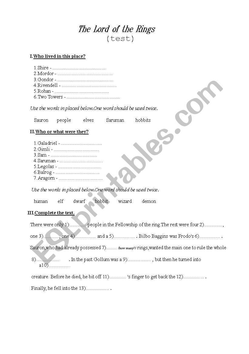 the Lord of the Rings(test) worksheet
