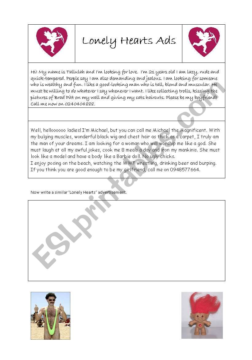Lonely Hearts Ads worksheet