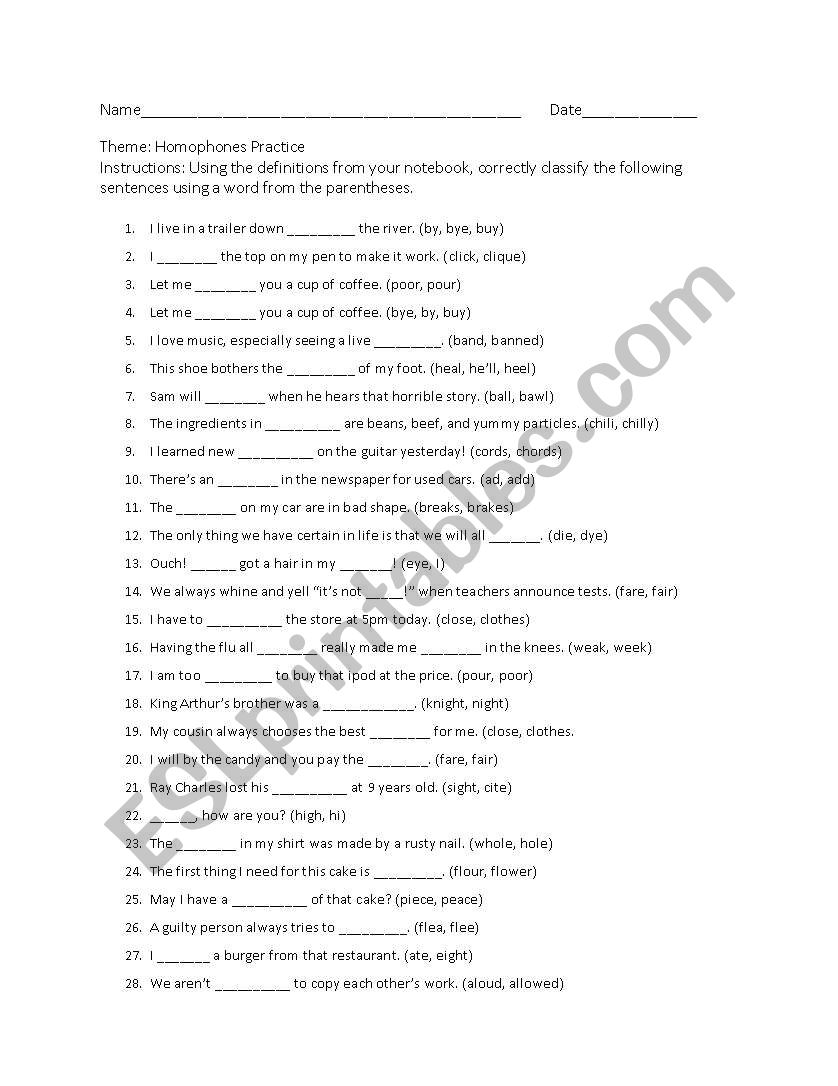 Homophones Practice Exercises worksheet