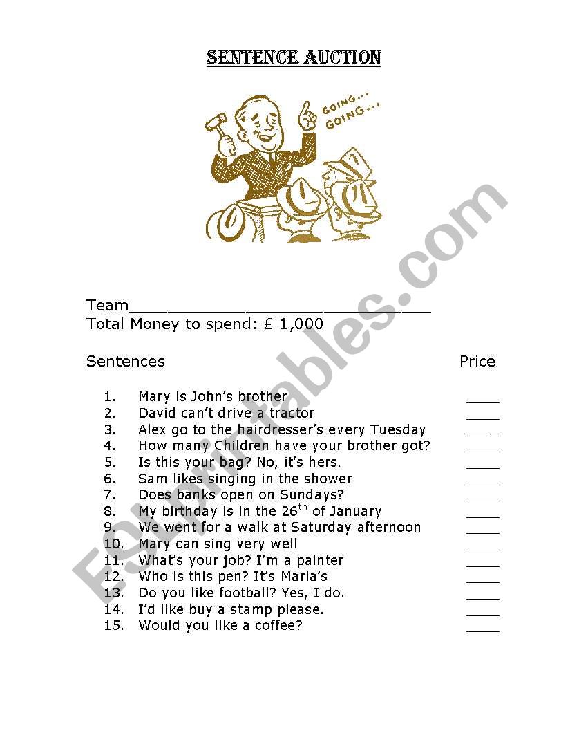 Sentence Auction worksheet