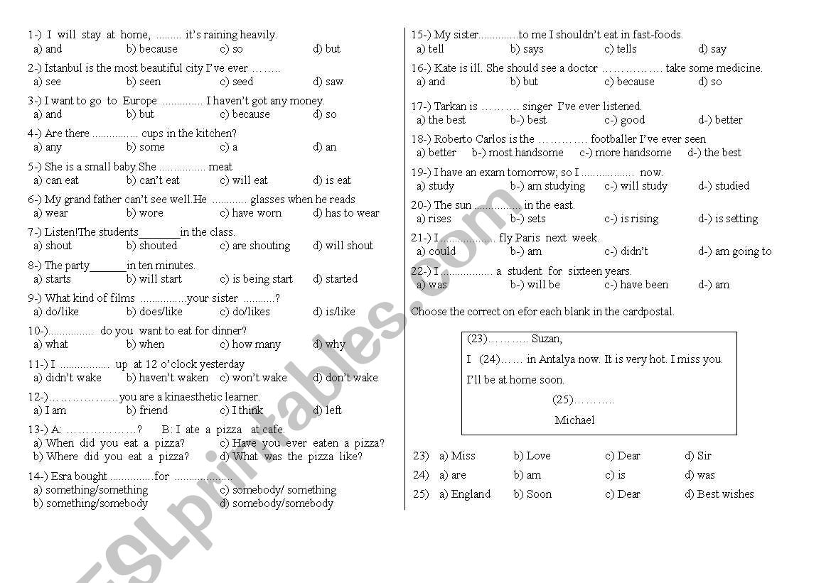 revision test worksheet