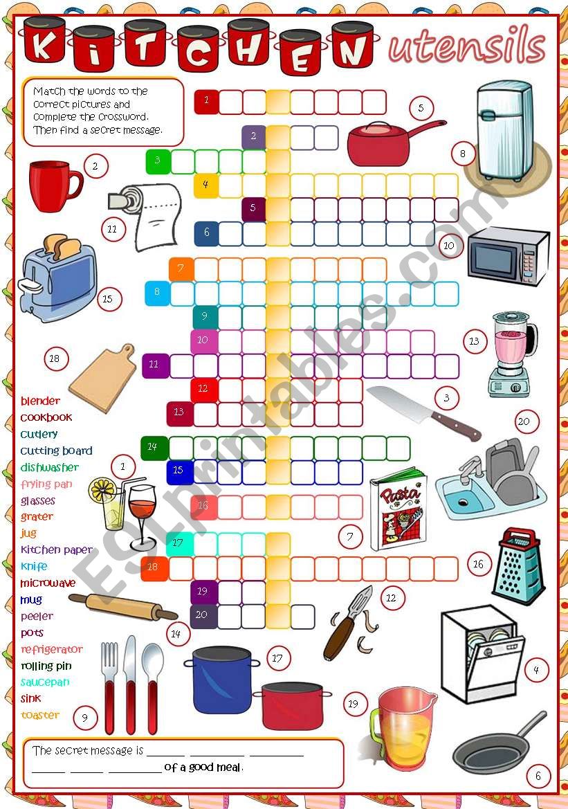 Kitche Utensils - CROSSWORS (B&W + KEY included)