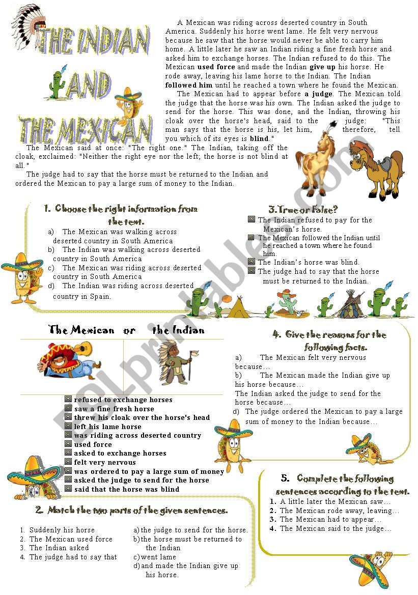 The Indian and the Mexican. Reading + Speaking (6 exercises with Keys)