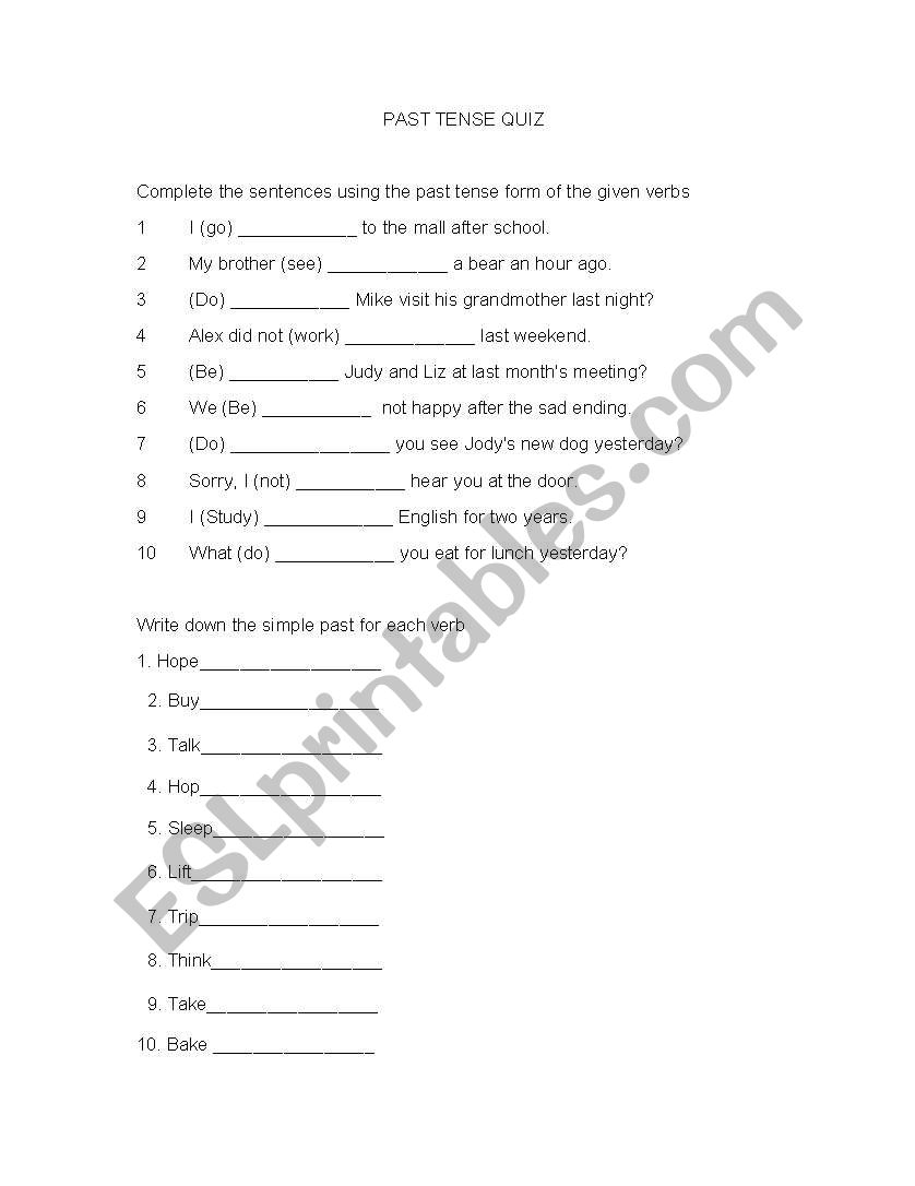 Past Tense Quiz worksheet