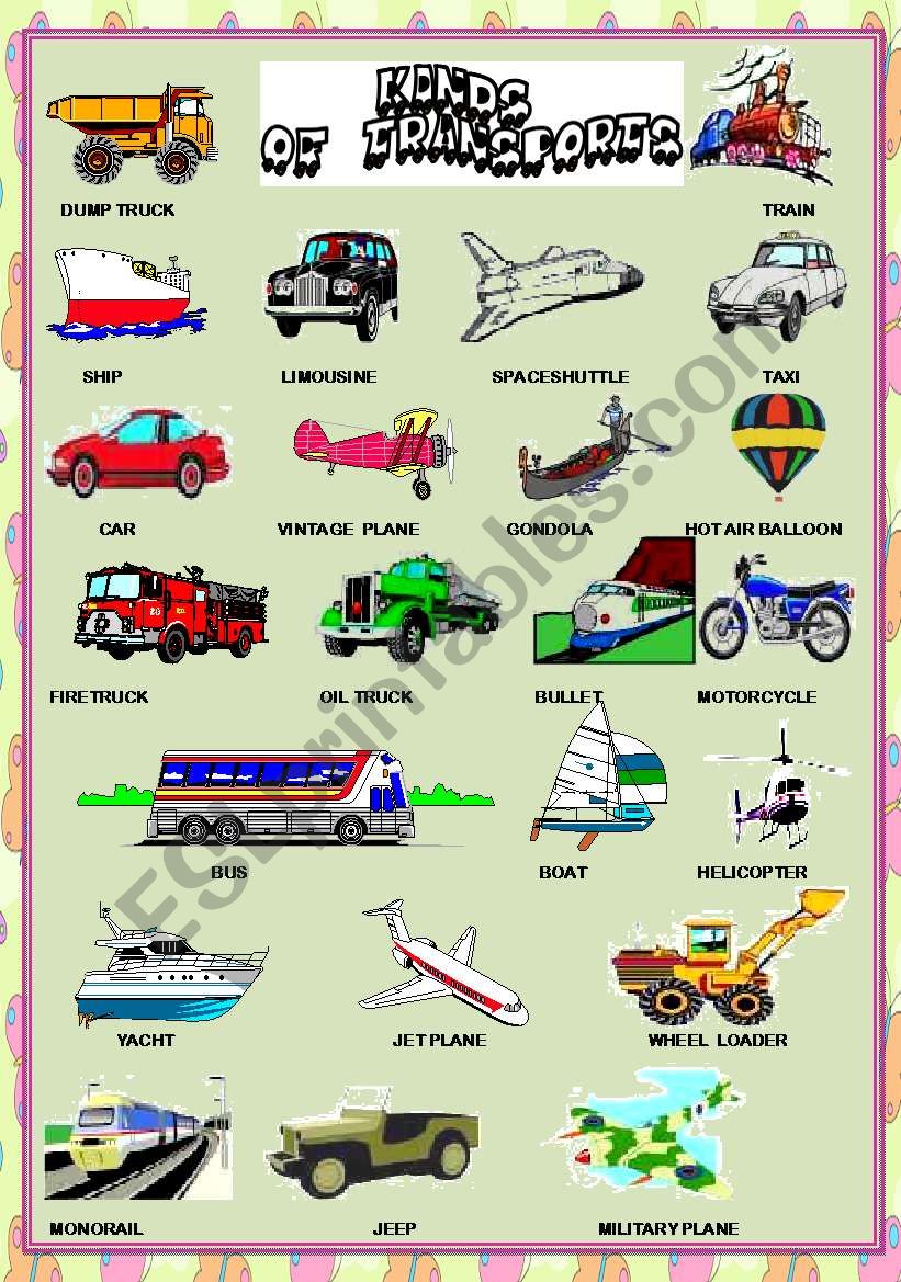 KINDS OF TRANSPORT PICTIONARY 2 pages