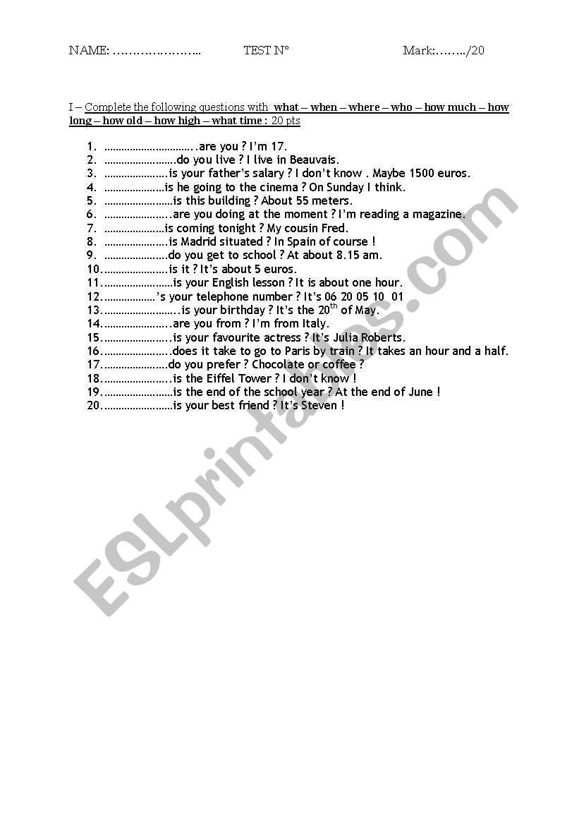 test about question words worksheet