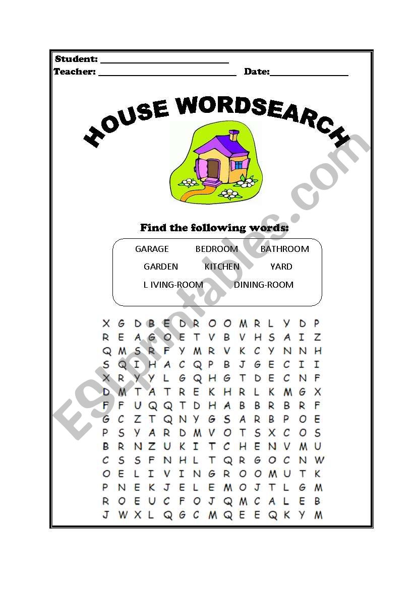 Parts of the house wordsearch worksheet