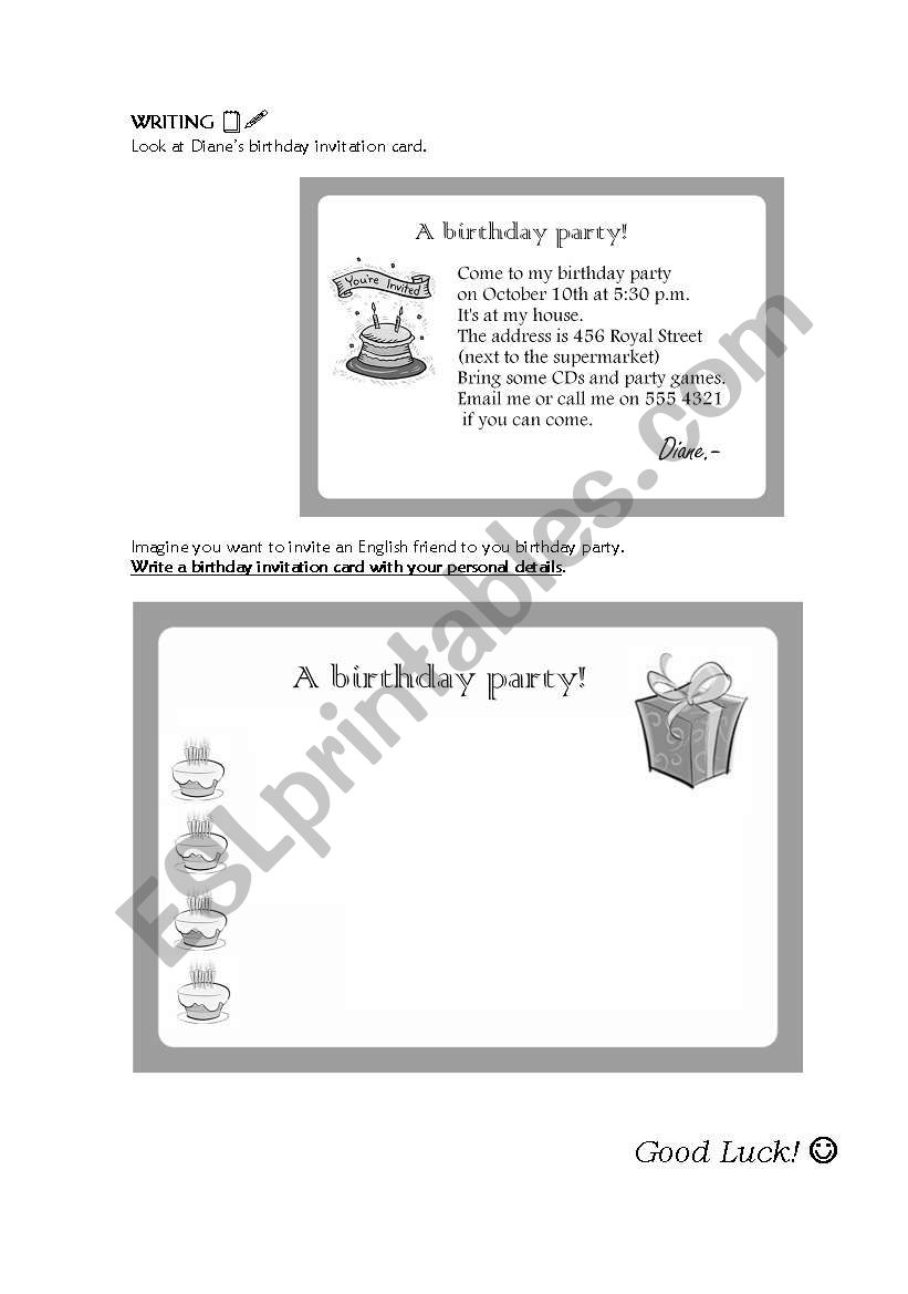 Writing a birthday invitation card - ESL worksheet by