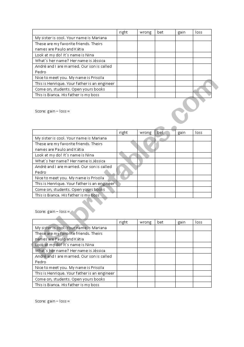 possessive adjectives game worksheet