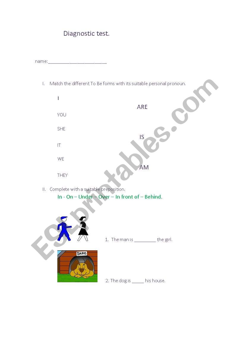 diagnostic test, preposition of place and forms of to be verb