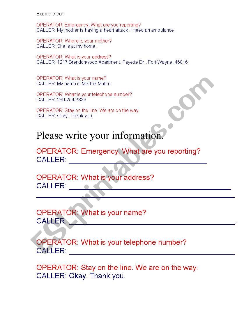 911 call worksheet
