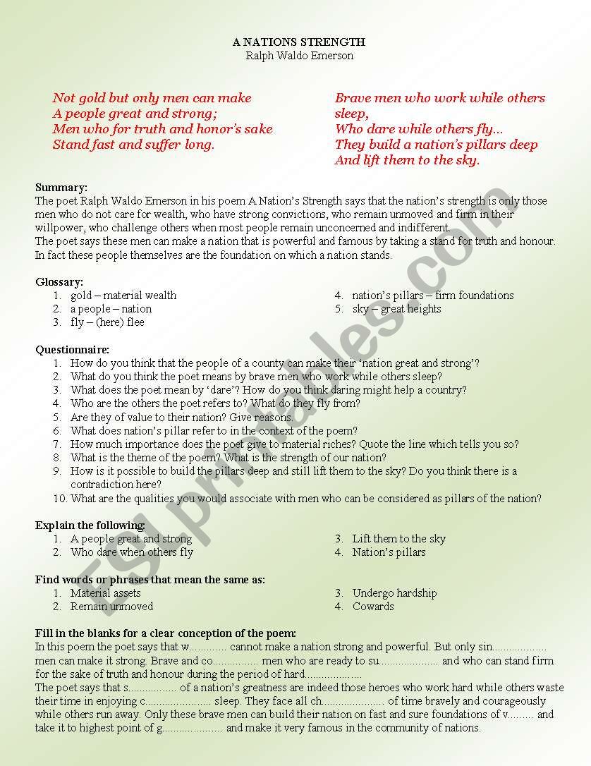 A NATIONÂ´S STRENGTH  worksheet