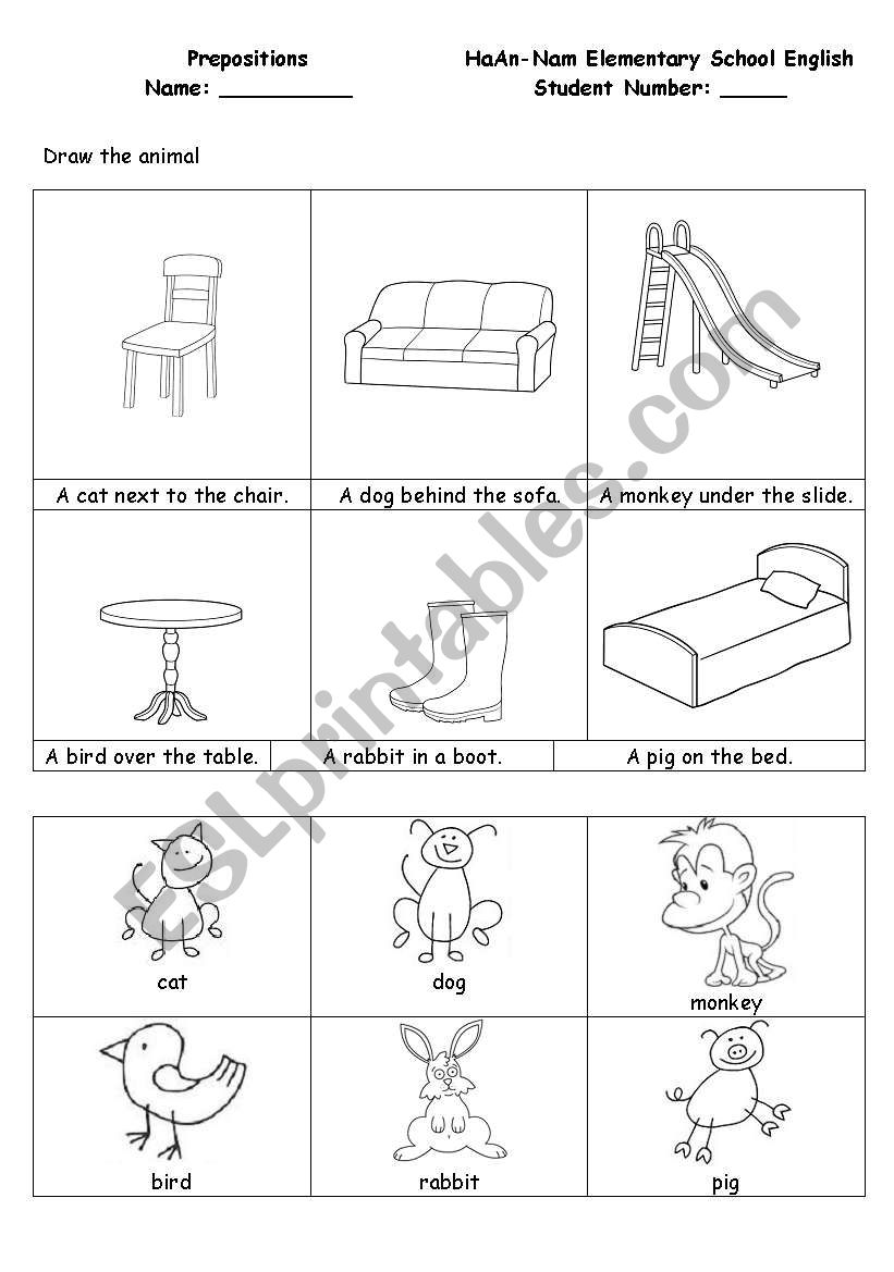 Prepositions_drawing animals worksheet