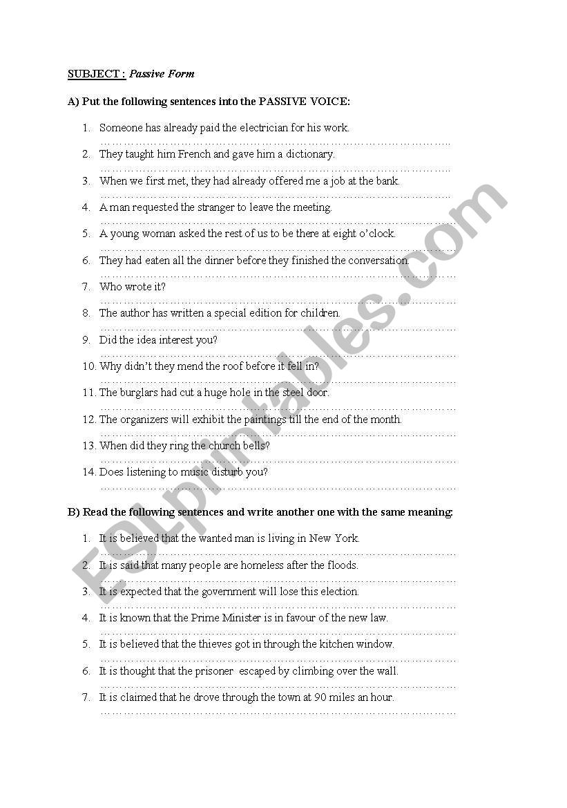 Passive Form worksheet