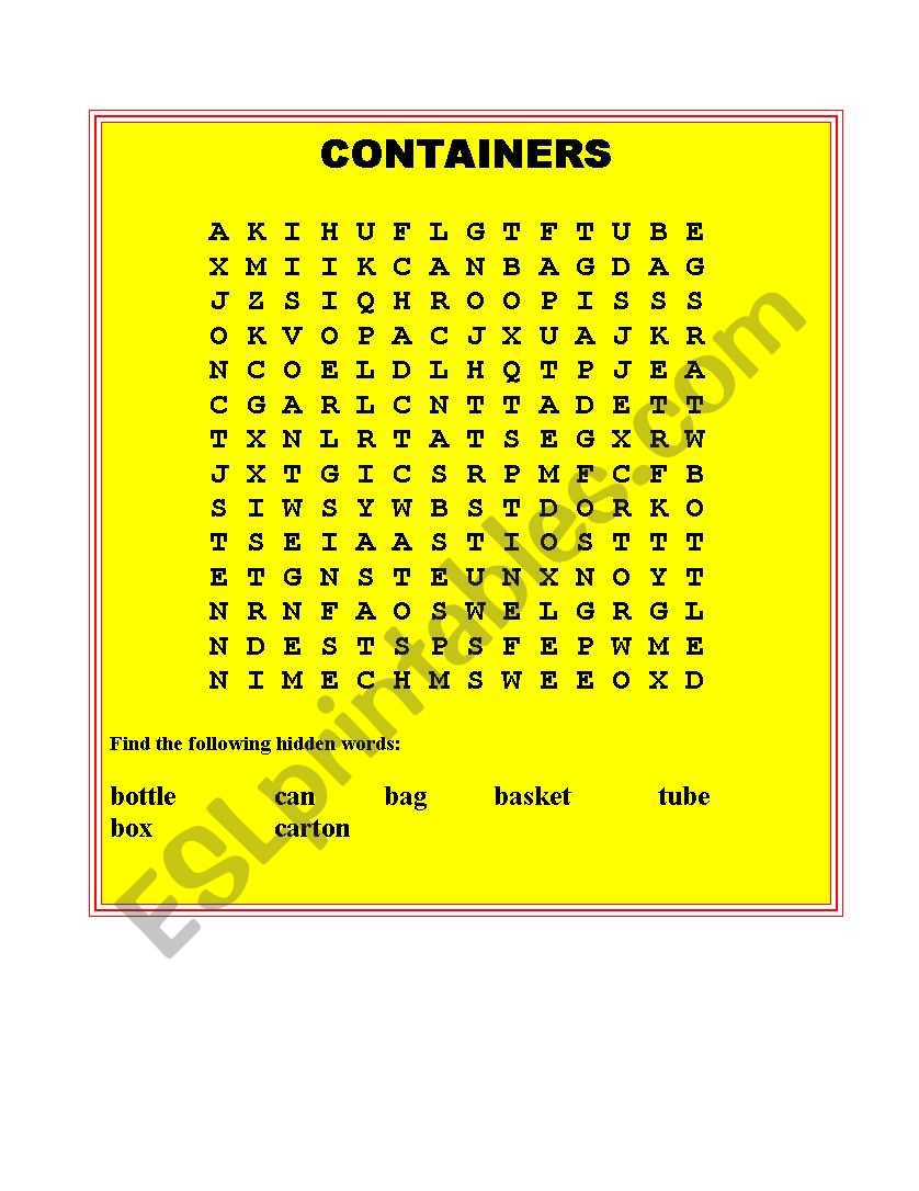 CONTAINERS word search worksheet