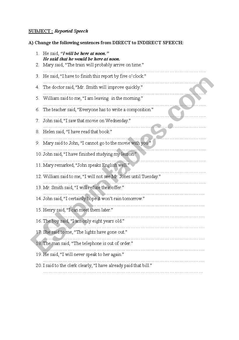 Reported Speech worksheet