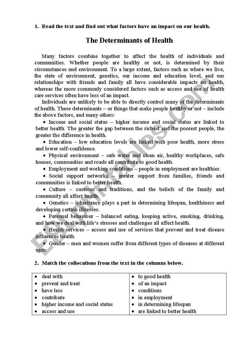 The determinants of health worksheet