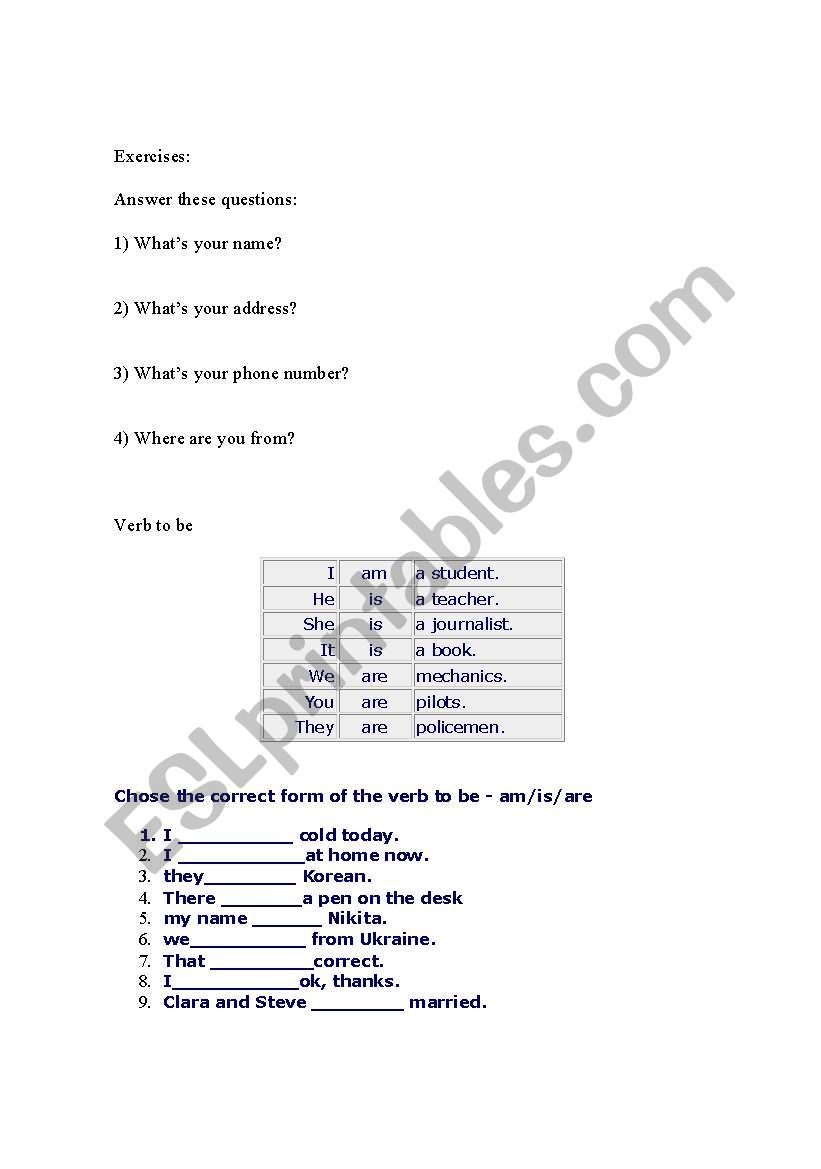 Worksheet verb to be worksheet
