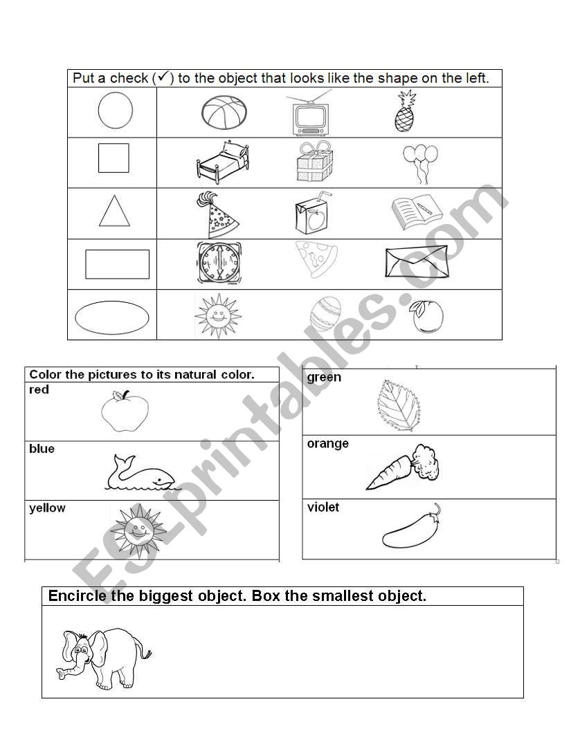 math shapes,sizes,colors worksheet