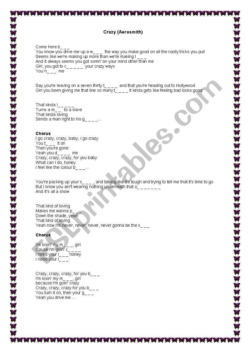 Crazy  by Aerosmith worksheet