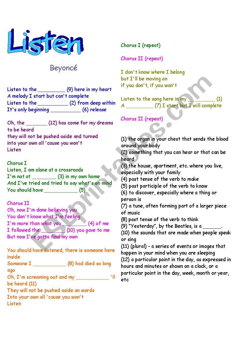 Working with verb tenses, definitions and listening comprehension : song - Listen (Beyonc) - with answer key