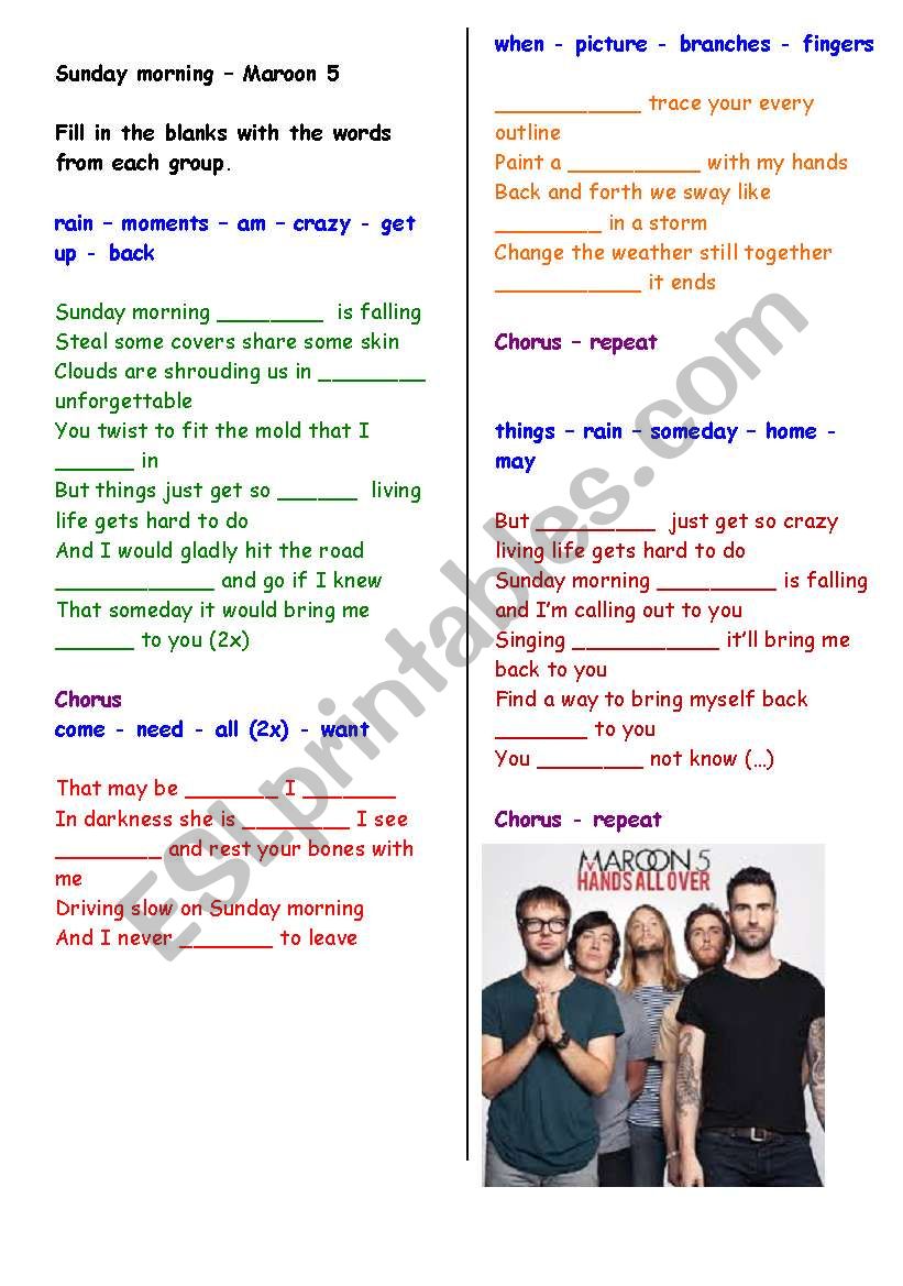 Filling in the blanks song : Sunday morning (Maroon 5) with answer