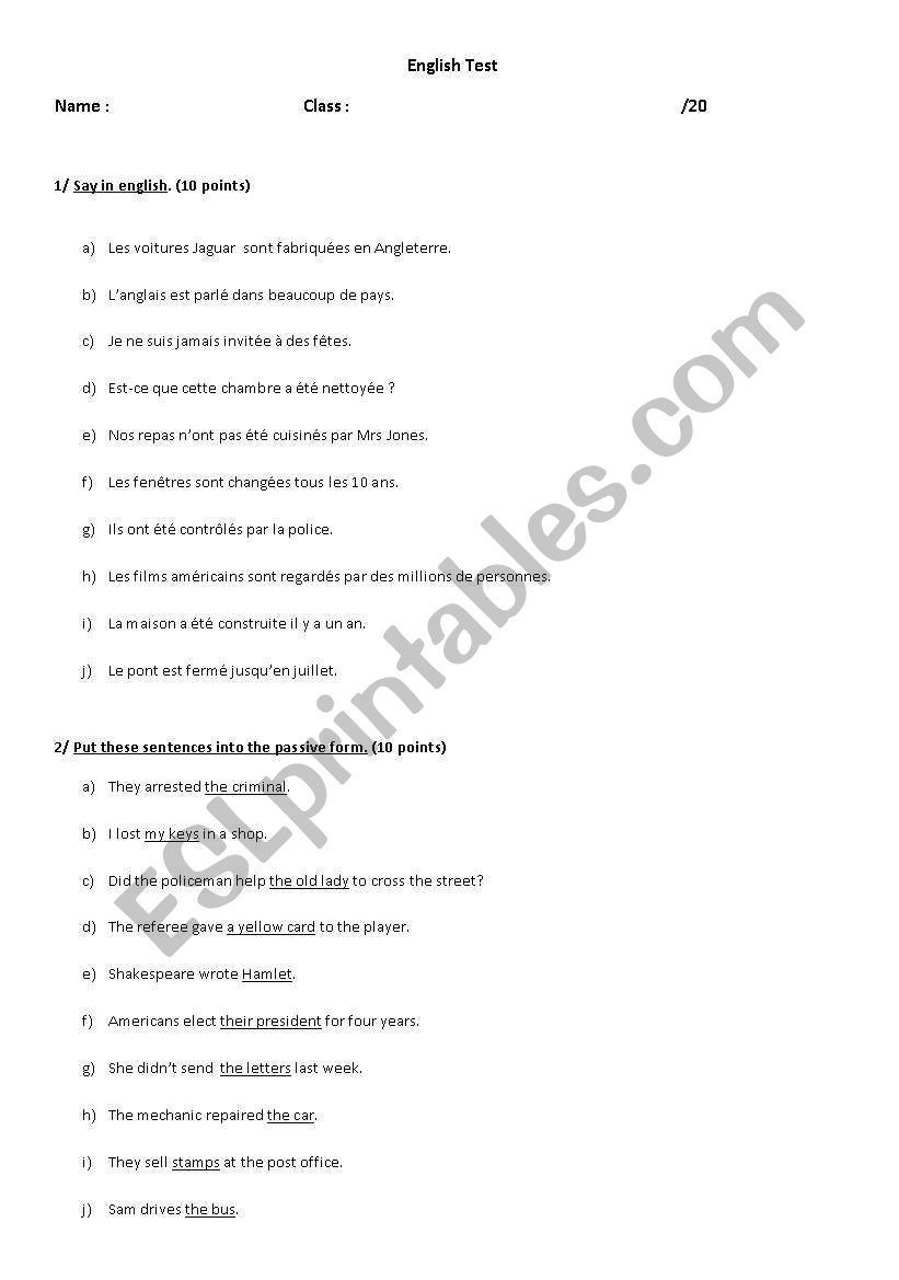 Passive form test worksheet