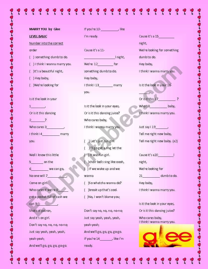Song Marry you By Glee cast worksheet