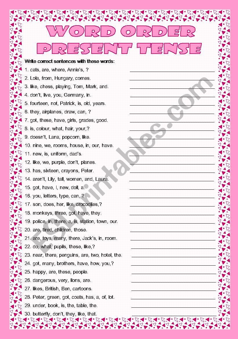 Word order present tense worksheet