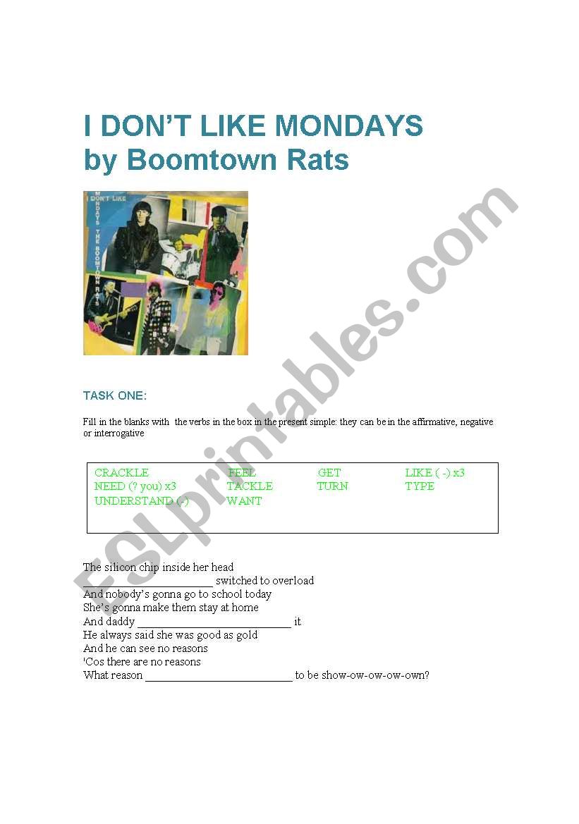 Song I don´t like Mondays worksheet