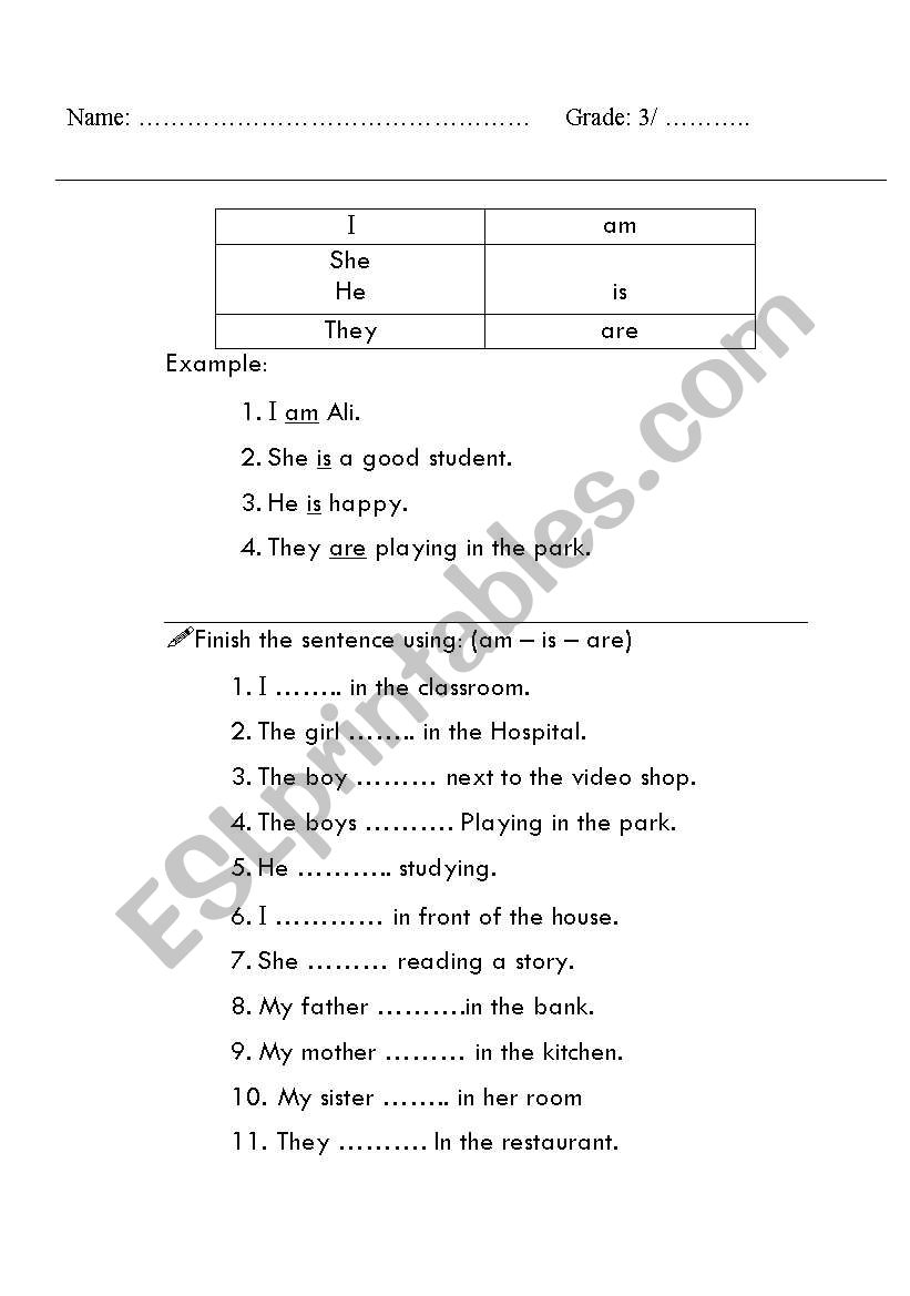 grammer i am + she is +he is worksheet