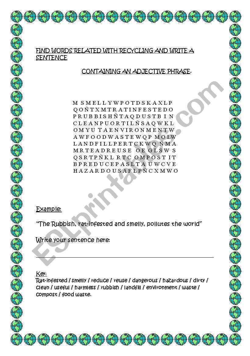 adjective phrases - recycling worksheet