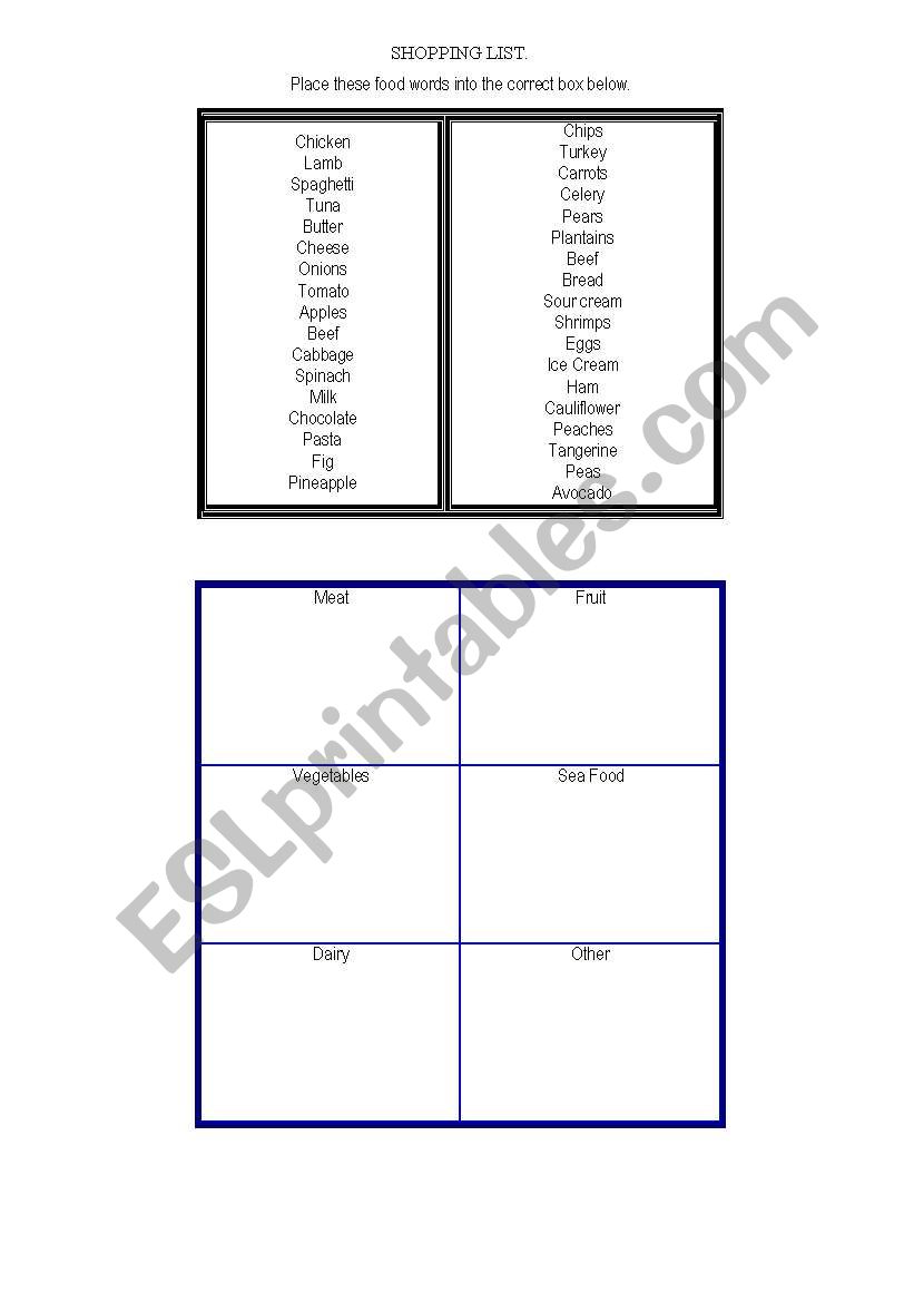 SHOPPING LIST.  worksheet