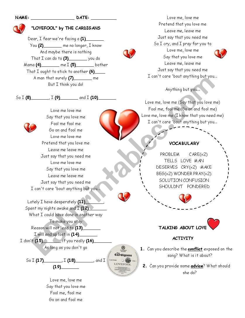 LOVEFOOL BY CARDIGANS worksheet