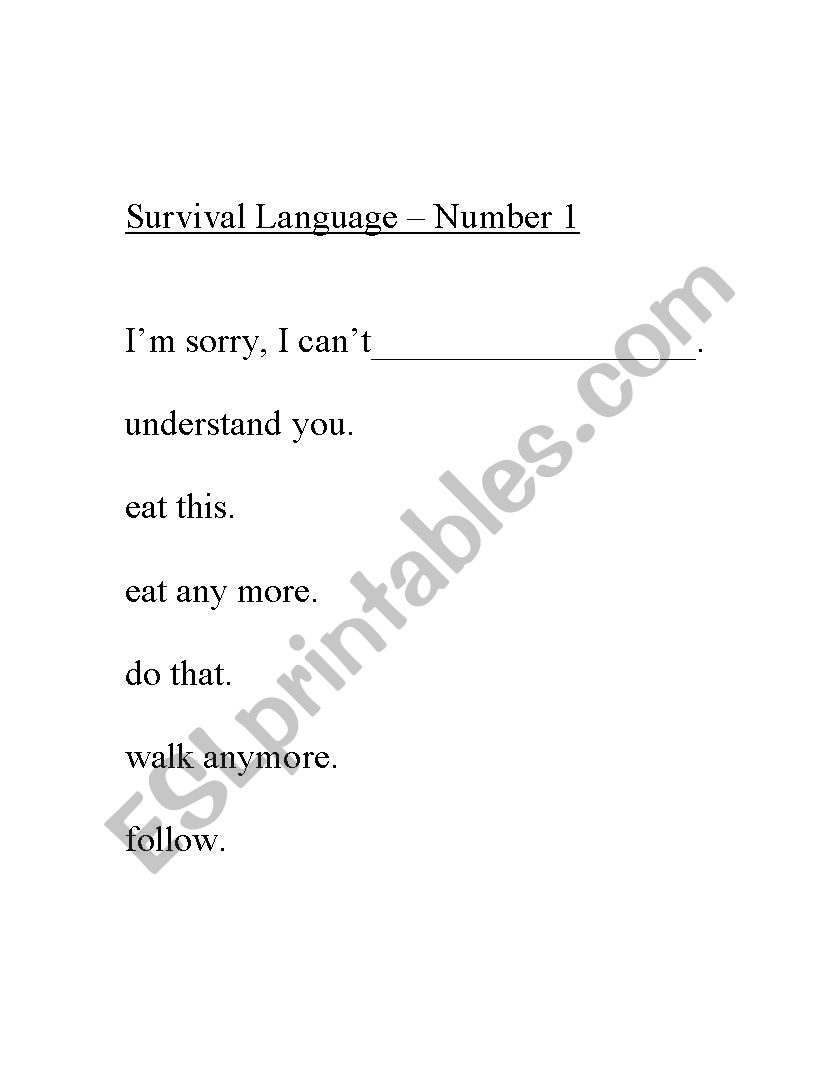 Survival Language - Number 1 worksheet