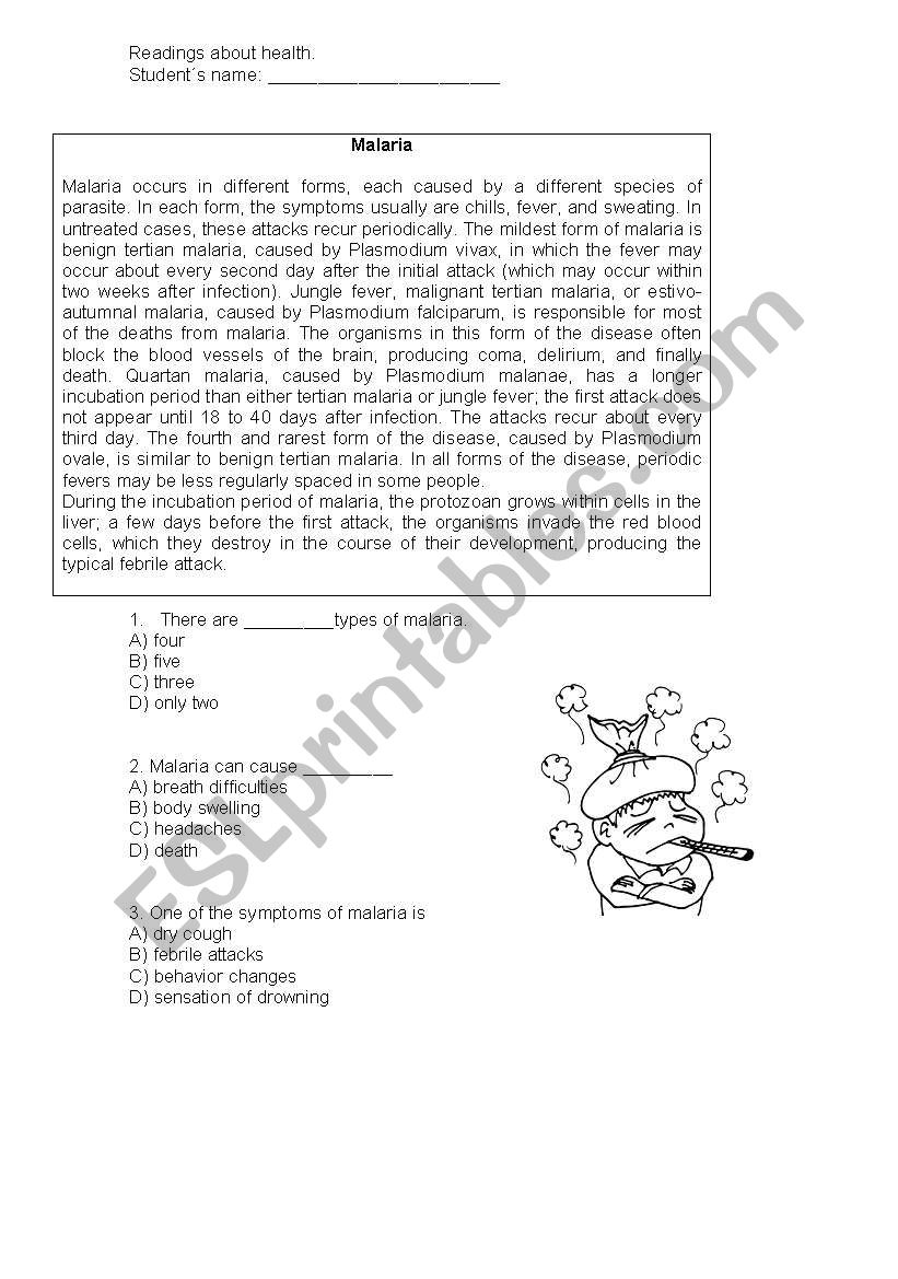 Health, Illnesses, Malaria.  worksheet