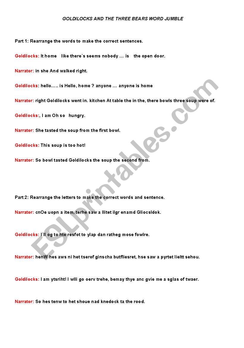 Goldilocks Word Jumble worksheet
