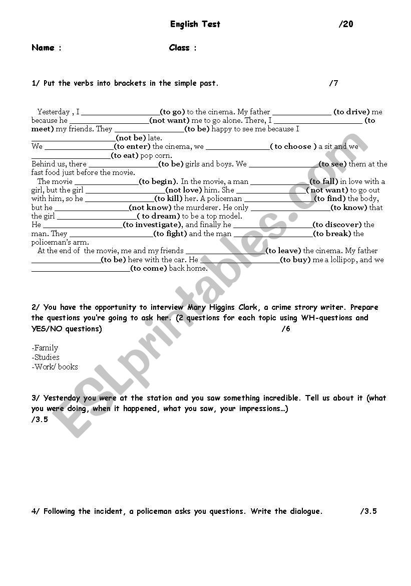 Past tenses test worksheet