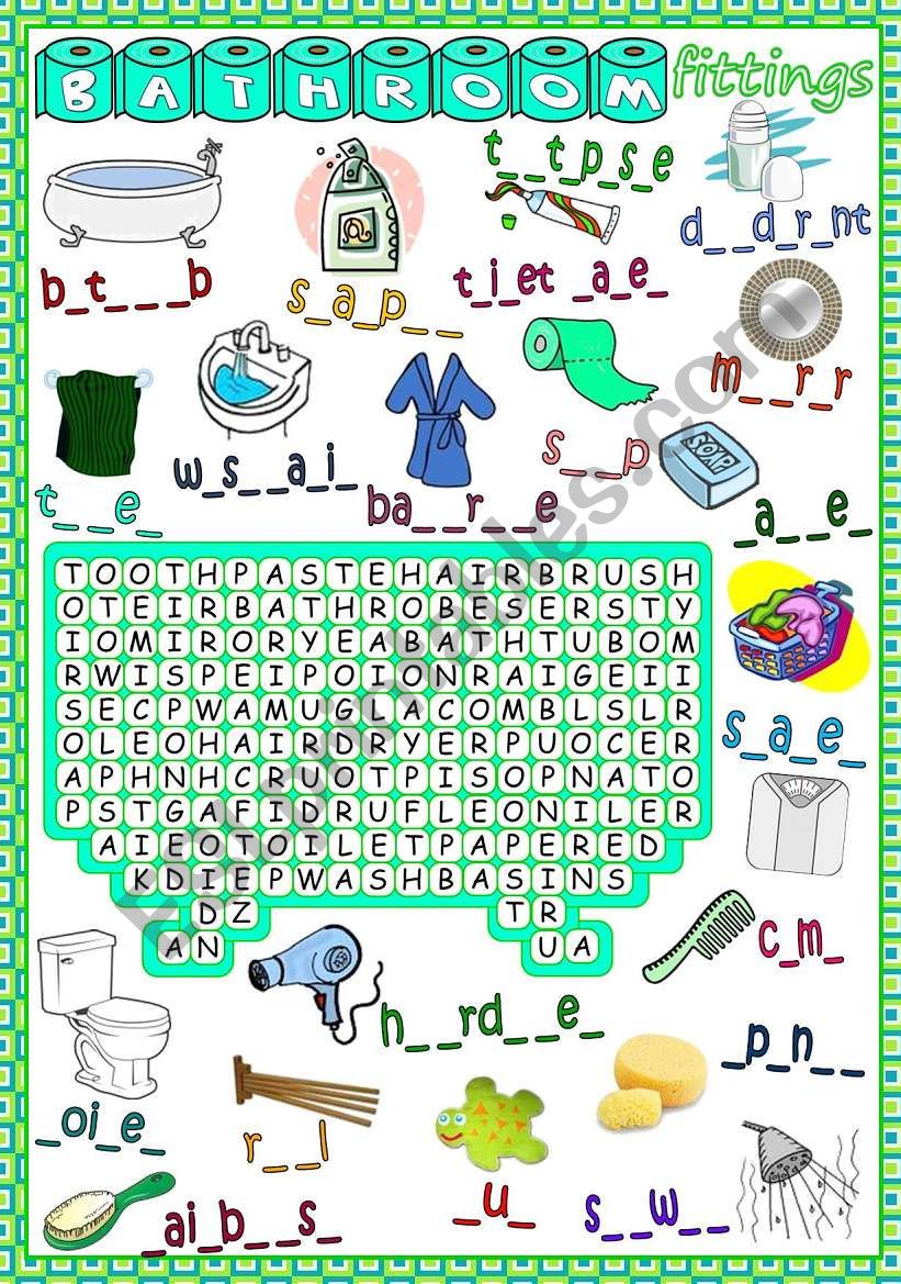 Bathroom Fittings - WORDSEARCH (B&W included)