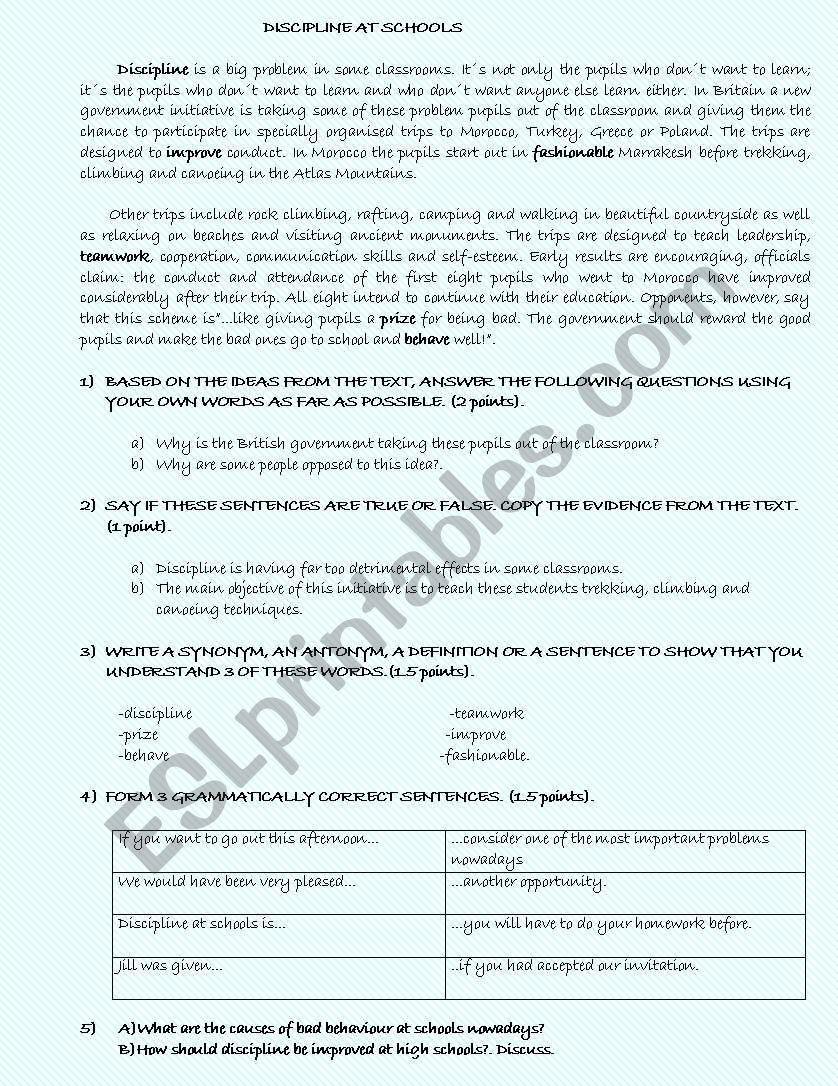 Discipline at Schools worksheet