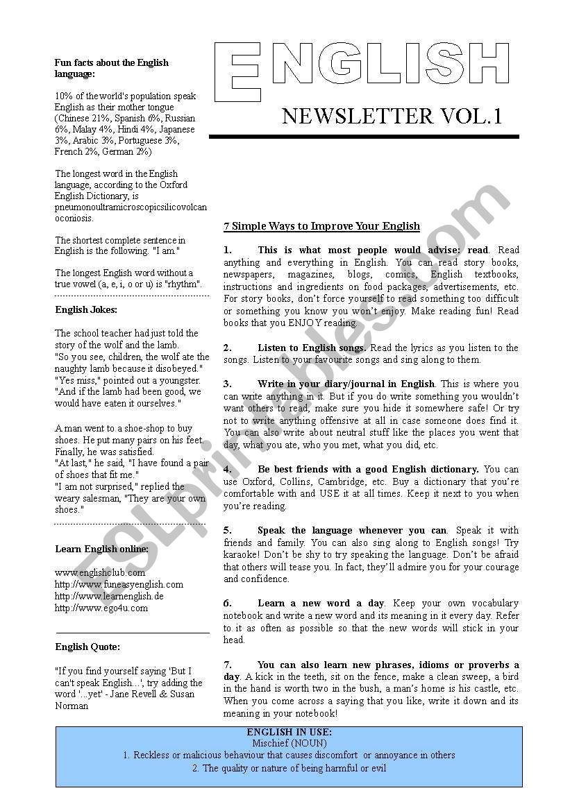 English Newsletter worksheet