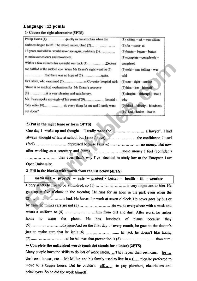  language tasks about :s.o blind , one´s dream job ,health  and do it yourself