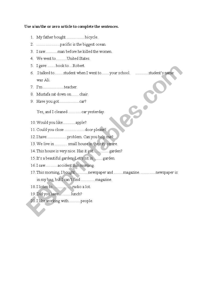 Definite /Indefinite worksheet