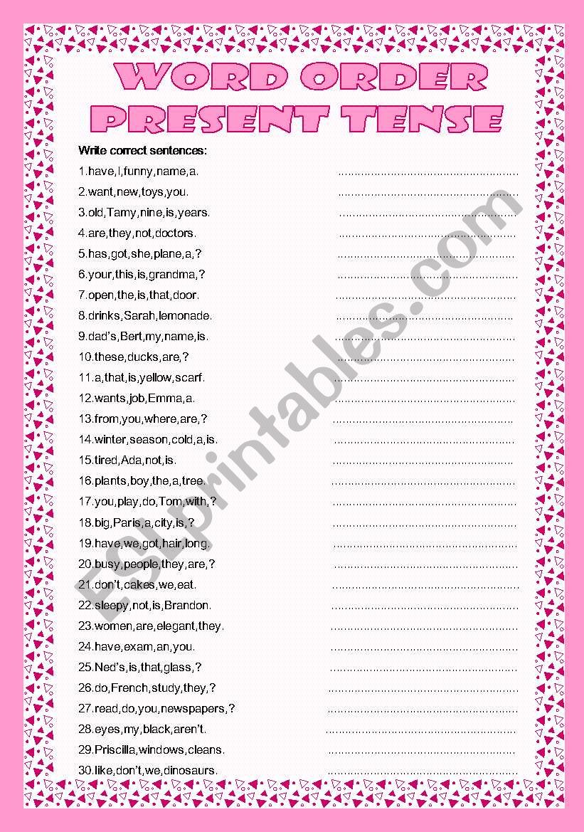 word order (present tense) worksheet