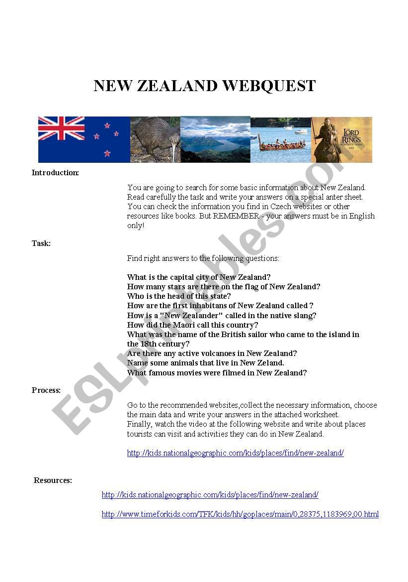 New Zealand webquest worksheet