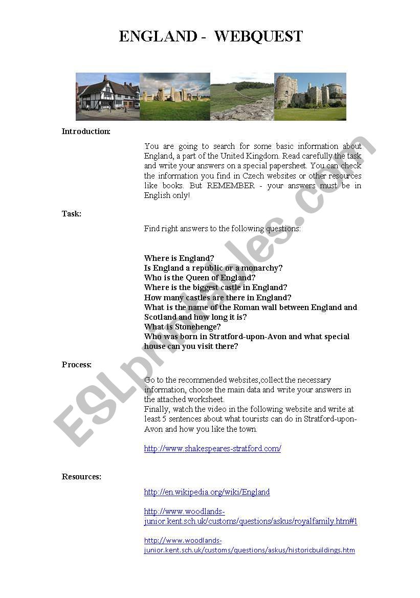 England webquest worksheet